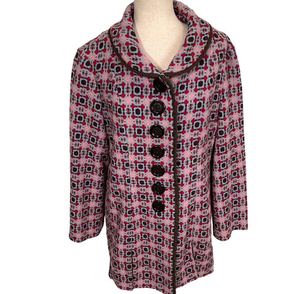 AnRen NY Coat Womens Large Red Pink Blue Wool Geometric 60s Vibe Tapestry Jacket